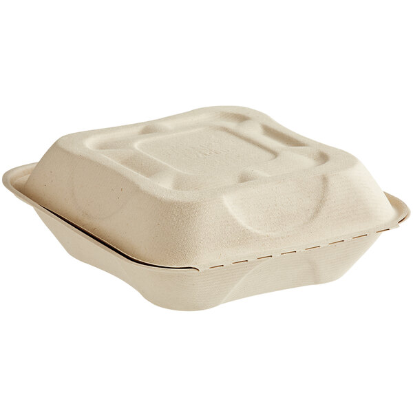 A white World Centric compostable fiber clamshell container with a square lid.