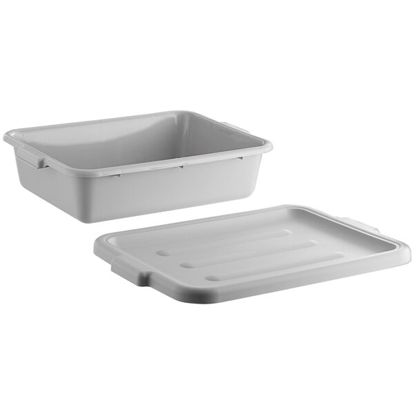 A gray plastic container with a lid.