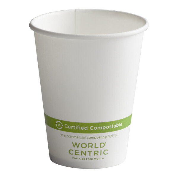 A white World Centric compostable paper hot cup.