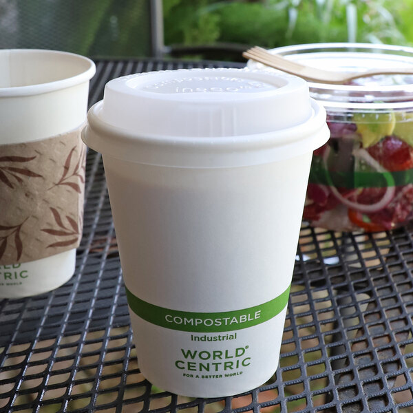 A white compostable paper cup with a plastic lid, featuring a green band and the words 'World Centric' on the front, placed on a metal table with other food containers nearby.
