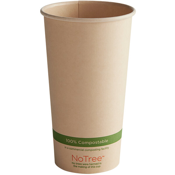 A World Centric paper hot cup with a green label and green band and the word "NoTree" on it.