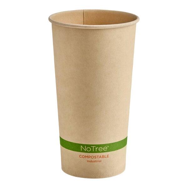 A tall, natural-colored paper cup with a green band near the bottom displaying the words 'NoTree' and 'COMPOSTABLE' in orange text.