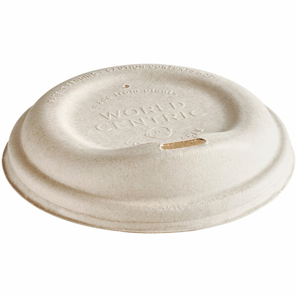 A white round World Centric fiber hot cup sip lid with text on it.