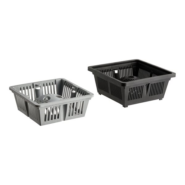 A black plastic basket with a square top and a round top.