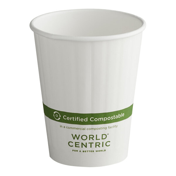 A white World Centric compostable paper hot cup.