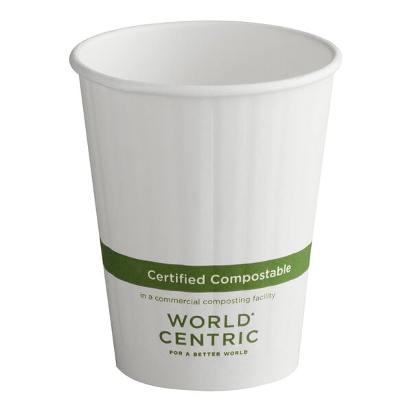 A white paper cup with a green band labeled 'Certified Compostable' and the words 'World Centric' printed below.