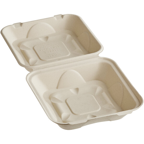 A white World Centric compostable fiber clamshell container with a black line.