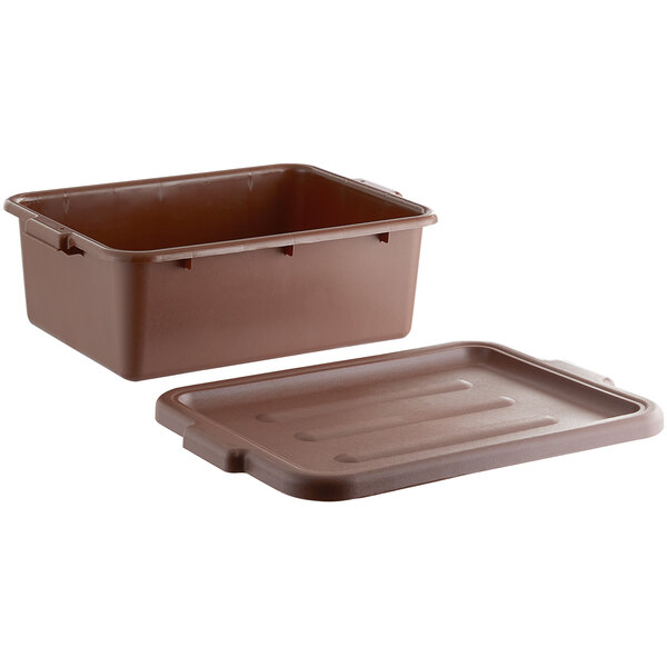 A brown plastic Lavex utility bin with a lid.