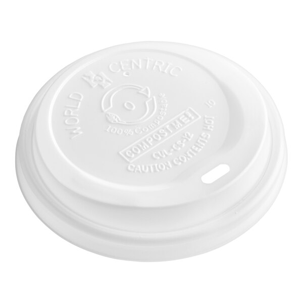 A white compostable travel lid designed for 10-20 oz. paper hot cups.
