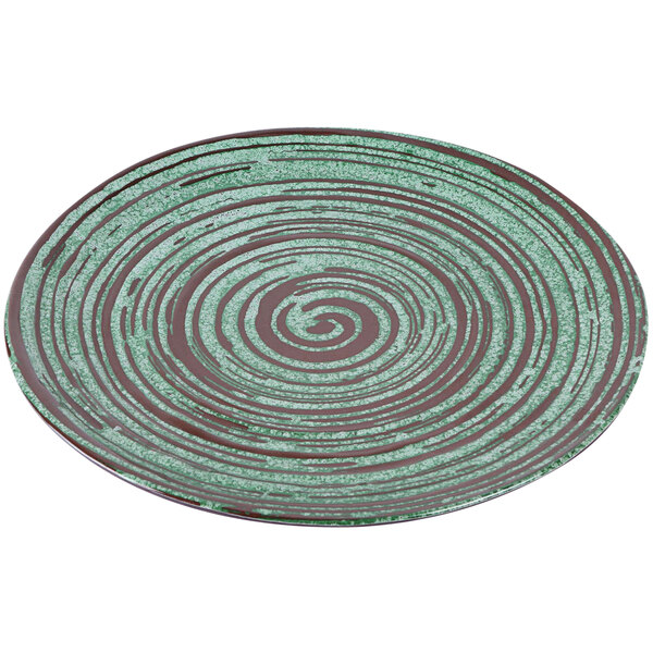 An Elite Global Solutions green and brown swirly melamine plate.