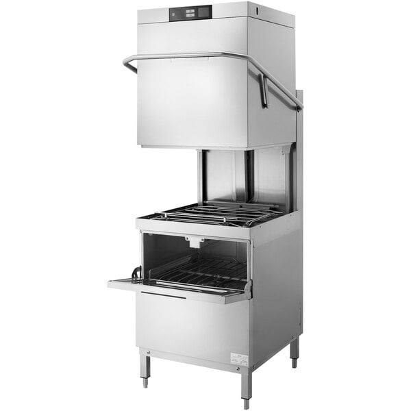 A stainless steel Hobart door-style dishwasher with two levels.