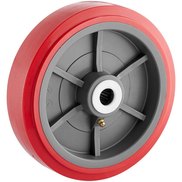 A red and gray wheel with a gray rim for a Lavex cart.