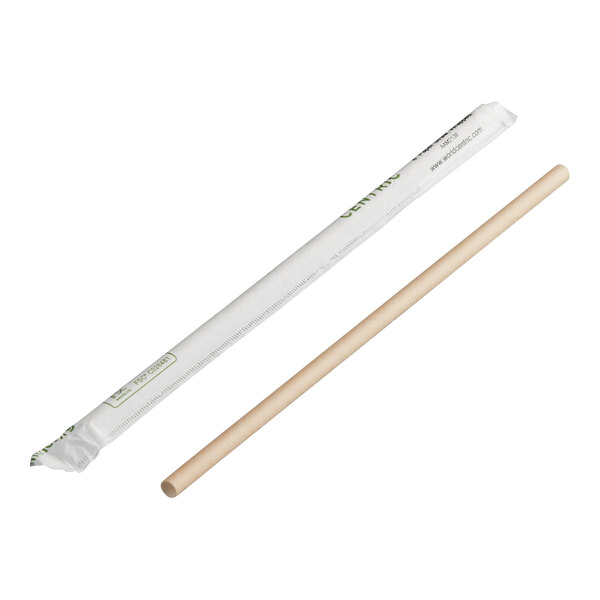 A kraft-colored paper straw and its individual white paper wrapper.