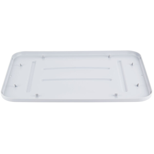 A gray rectangular Rubbermaid utility bin lid with a black border.