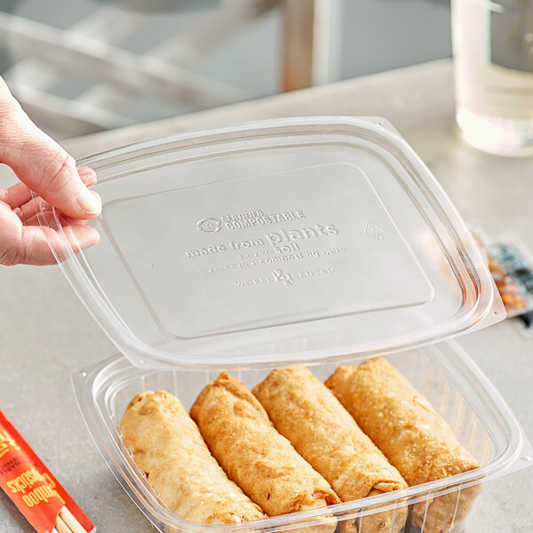 A hand holding a World Centric clear plastic container with food in it.