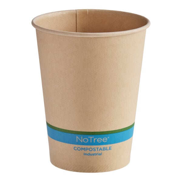 A natural-colored 12 oz. compostable paper cold cup with a blue and green band near the bottom.