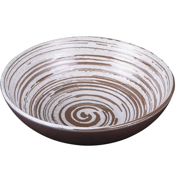 An Elite Global Solutions melamine bowl with a white swirl pattern.