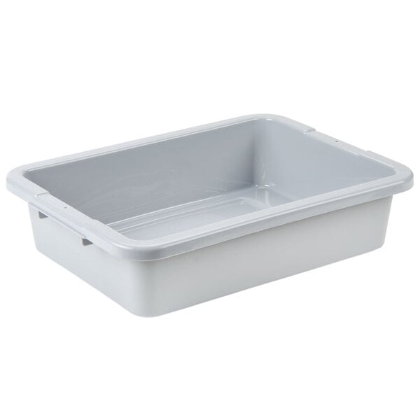 A gray Rubbermaid polyethylene utility bin with a lid.