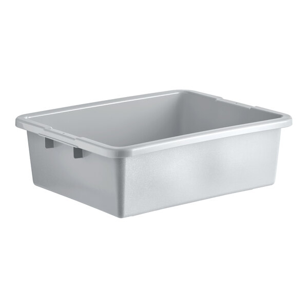 A gray rectangular polyethylene utility bin with raised sides.