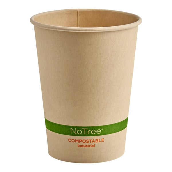 A plain, natural-colored paper cup with a green band and the words 'NoTree COMPOSTABLE Industrial' printed on it.
