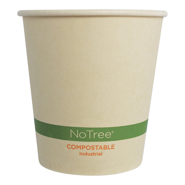 A plain, natural-colored paper cup with a green band and the words 'NoTree COMPOSTABLE Industrial' printed on it.