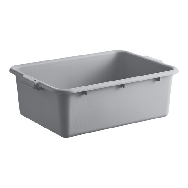 A gray polypropylene utility bin with handles, measuring 20 inches by 15 inches by 7 inches.