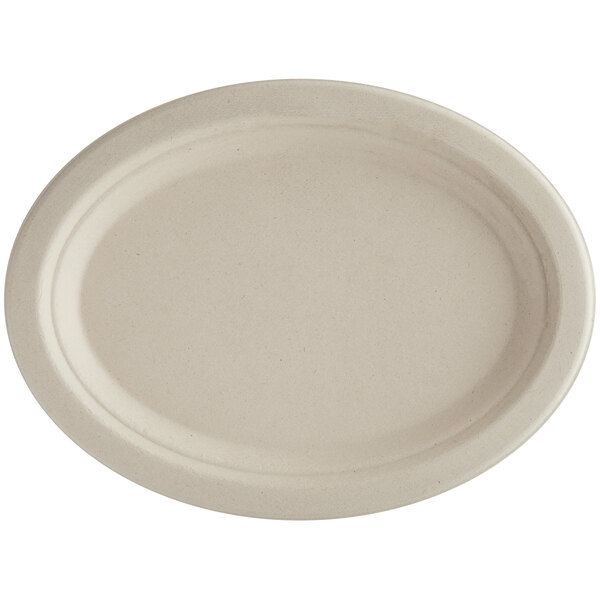 A white oval World Centric compostable fiber plate with a round edge.