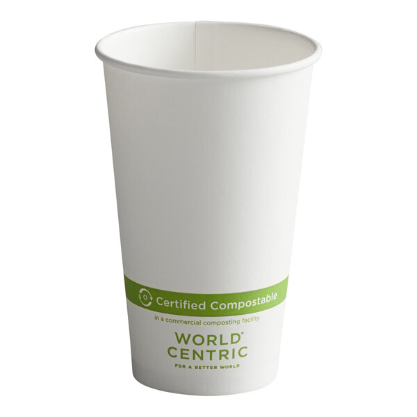 A white World Centric compostable paper hot cup.