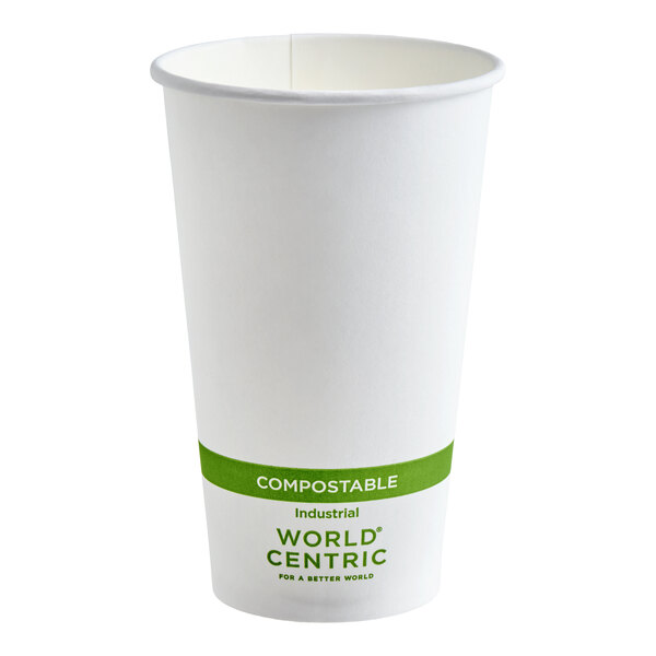 A white paper cup with a green band labeled 'COMPOSTABLE' and 'WORLD CENTRIC' printed on it.