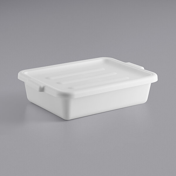 A white plastic Lavex utility container with lid.