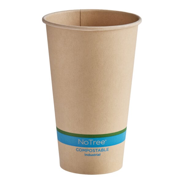 A natural-colored, compostable paper cold cup with a blue and green band near the base.