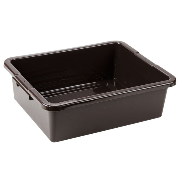 A brown Rubbermaid polyethylene utility bin with a handle.