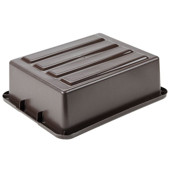 A brown Rubbermaid polyethylene tote box.