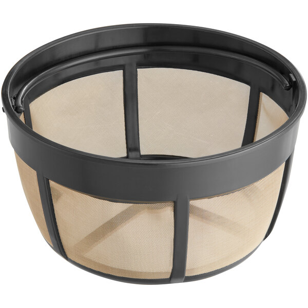 A black and tan mesh basket for a Hamilton Beach coffee maker.