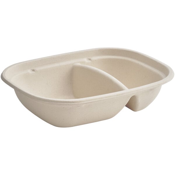 A white World Centric compostable fiber box with two compartments.