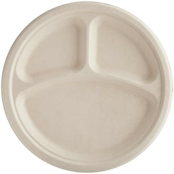 A close-up of a World Centric white compostable fiber plate with three sections.