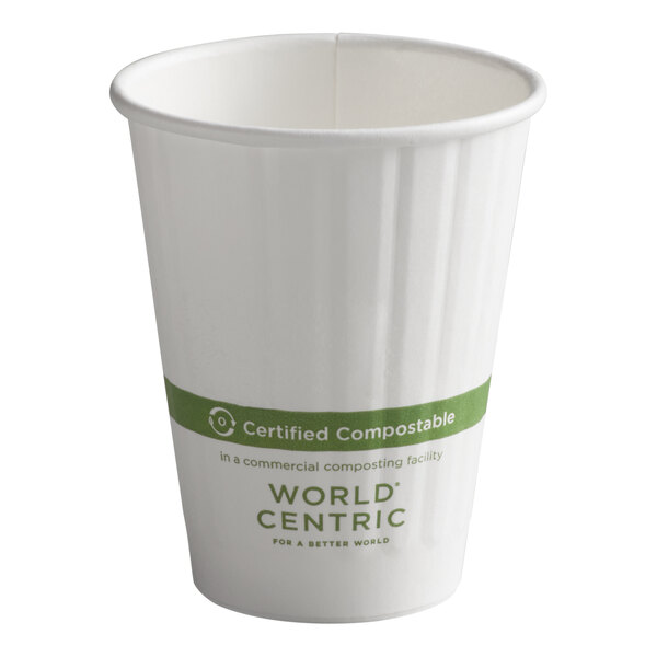 A white World Centric compostable paper hot cup with green text.