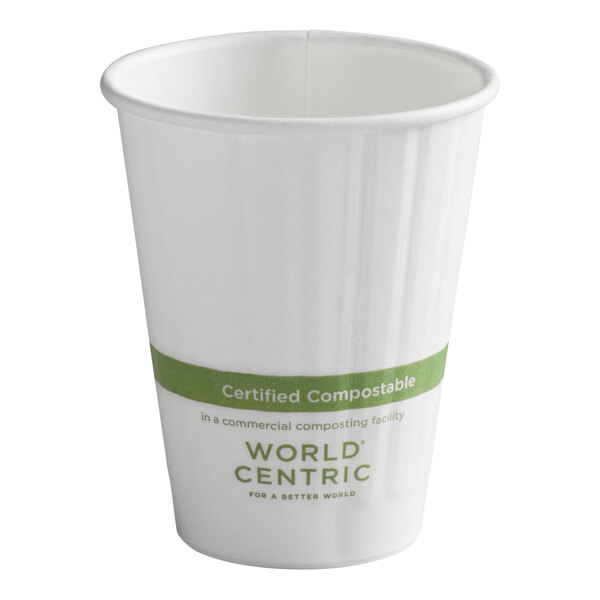 A white paper cup with a green band labeled 'Certified Compostable' and the words 'World Centric' printed below.