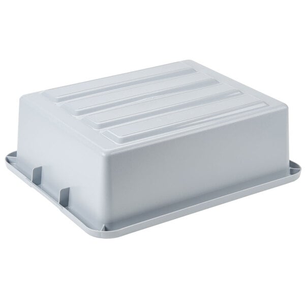 A gray Rubbermaid polyethylene tote with a lid.