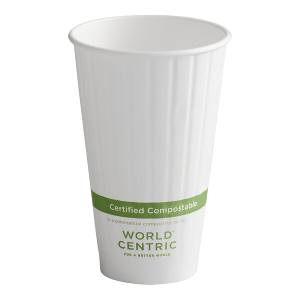 A white paper cup with vertical ridges, featuring a green band labeled 'Certified Compostable' and the words 'World Centric' printed below.