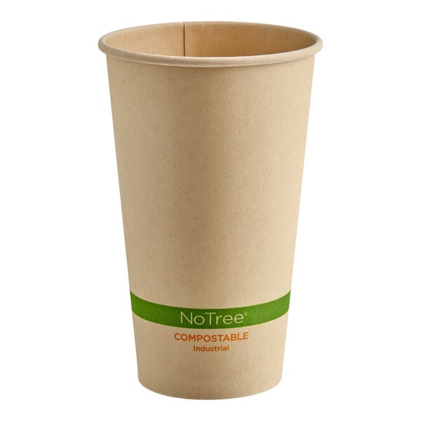A plain, natural-colored paper cup with a green band and the words 'NoTree COMPOSTABLE Industrial' printed near the bottom.