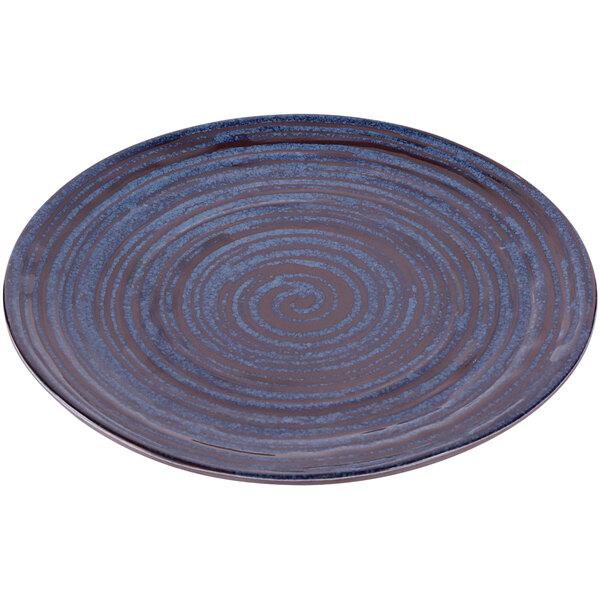 An Elite Global Solutions blue melamine plate with a swirl design in white and purple.