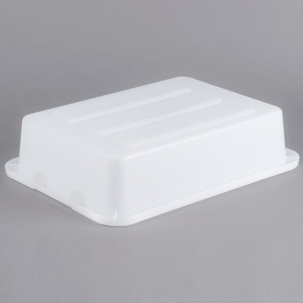 A white Rubbermaid polyethylene utility bin with a lid.