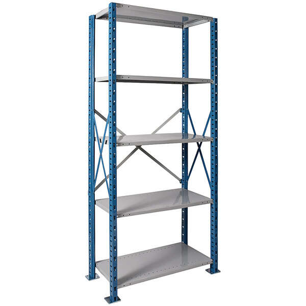 A Hallowell blue metal shelving unit with five gray shelves.