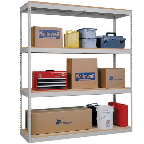 A Hallowell tan boltless shelving unit with boxes and yellow and red containers on shelves.