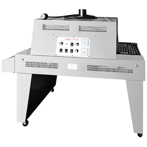 A Sealer Sales stainless steel shrink tunnel machine on wheels.