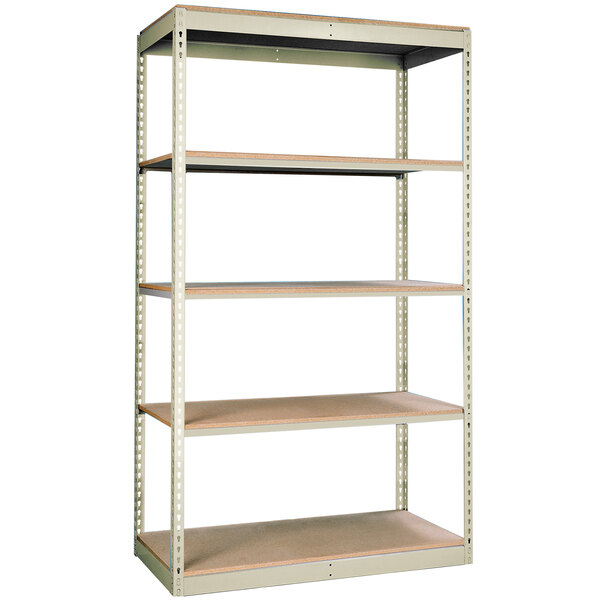 A Hallowell tan metal boltless shelving unit with four shelves.