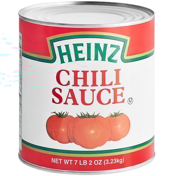 A white and red 10# can of Heinz chili sauce.