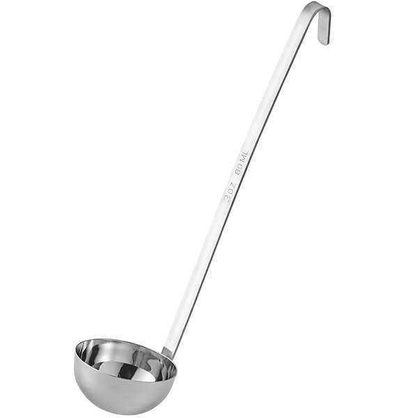 A stainless steel ladle with a long handle.