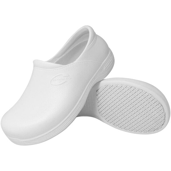 A pair of Genuine Grip white waterproof non-slip clogs.